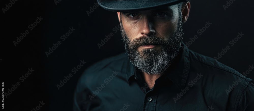 Obraz premium Stylish bearded man in a black shirt and black hat with a confident expression against a dark background highlighting his unique fashion sense