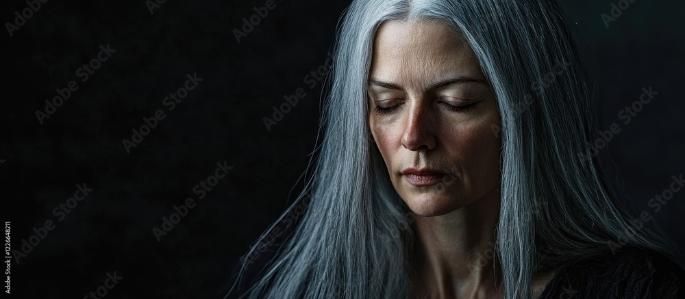 Contemplative mature woman with long grey hair closed eyes against dark background highlighting her serene and mysterious presence. Contemplative mature woman with long grey hair closed eyes against dark background highlighting her serene and mysterious presence.