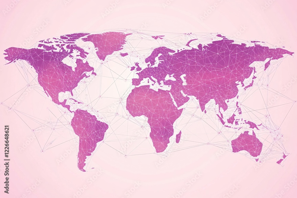 Fototapeta premium World map with pink gradient and network lines on light pink background for global connection