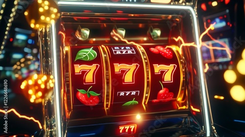 Vibrant Slot Machine with Winning Symbols and Dynamic Lighting Effects photo