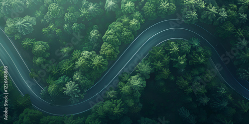 Aerial view of a mountain road winding through lush greenery

 photo