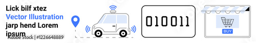 Self-driving van with geolocation icon, binary code representing data transfer, and online shopping interface. Ideal for ecommerce, technology, innovation, automation, logistics, data digital