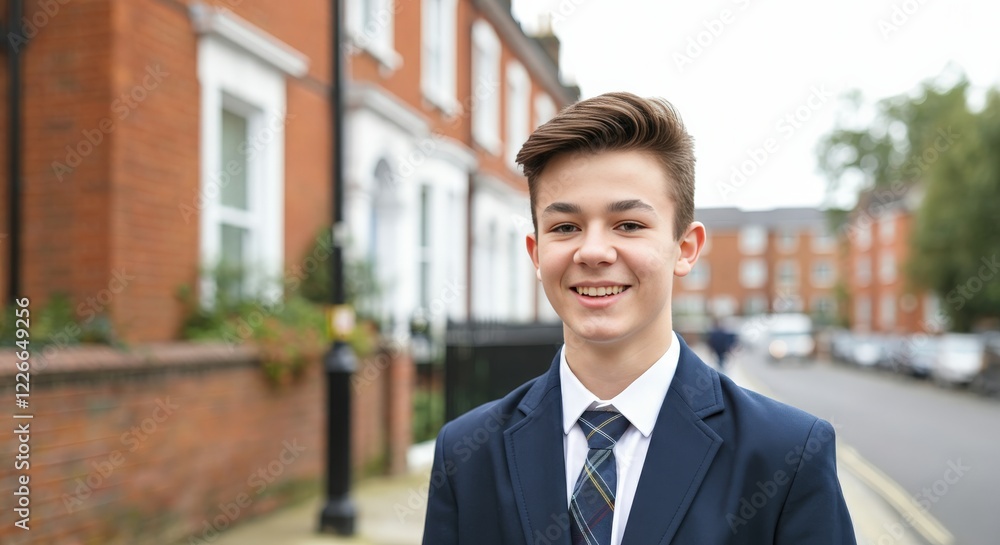 Young caucasian male teen smiling in urban neighborhood setting for lifestyle and diversity themes Young caucasian male teen smiling in urban neighborhood setting for lifestyle and diversity themes