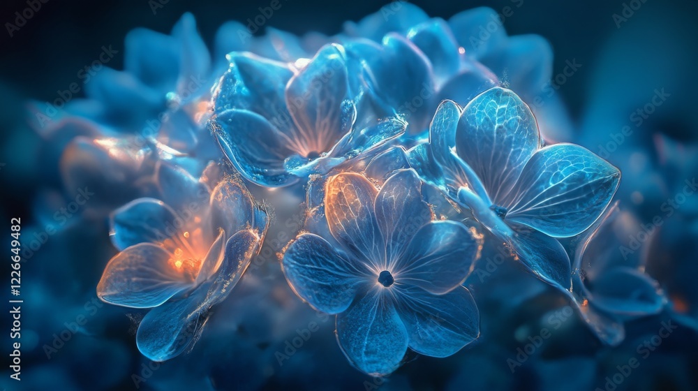 Macro view of a blue hydrangea cluster, with light highlighting the delicate petals Macro view of a blue hydrangea cluster, with light highlighting the delicate petals