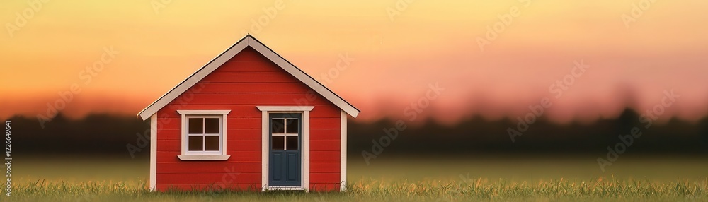 Unique small house design. Small red house in a grassy field at sunset, creating a serene atmosphere. Unique small house design. Small red house in a grassy field at sunset, creating a serene atmosphere.