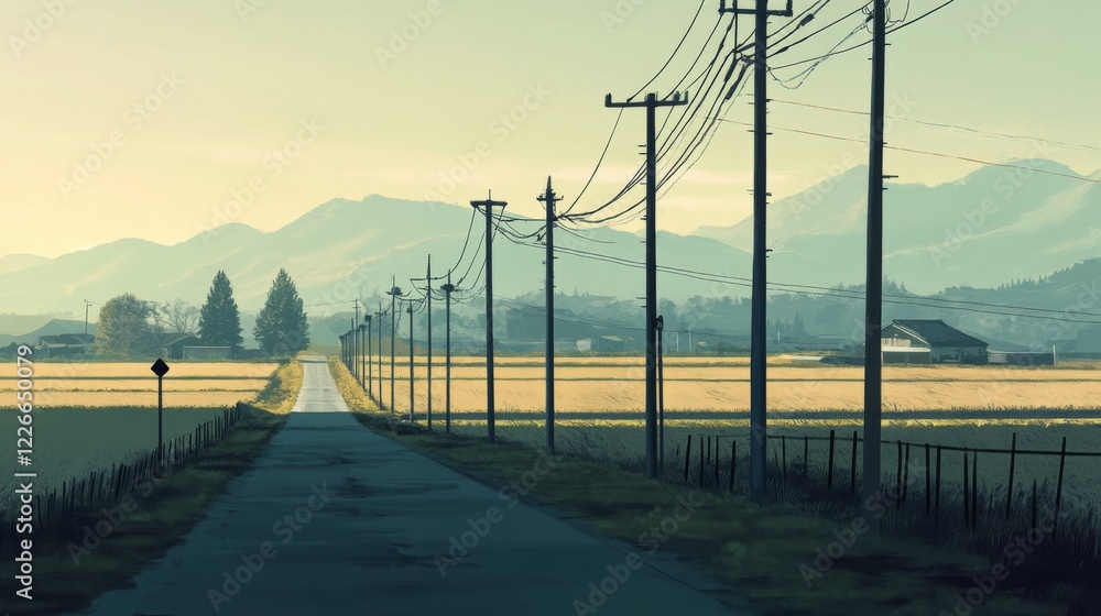 Row of electric poles along a rural road, with fields and mountains in the distance Row of electric poles along a rural road, with fields and mountains in the distance