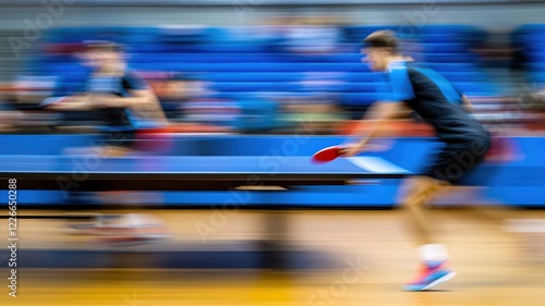 Energetic table tennis match in a vibrant sports hall during a local tournament