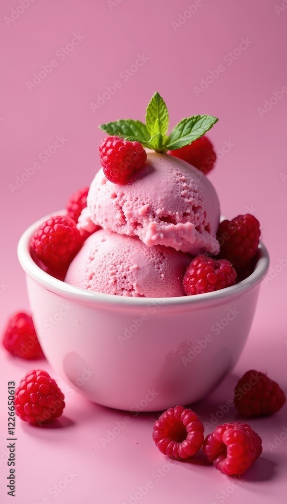 Pink raspberry ice cream with garnish of fresh raspberries and mint , ripe, background, cool Pink raspberry ice cream with garnish of fresh raspberries and mint , ripe, background, cool