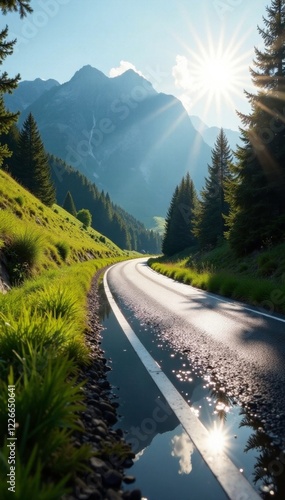 Regenwasser auf der Fahrbahn schillert im Sonnenlicht, Naturph?nomen, regenwetter photo