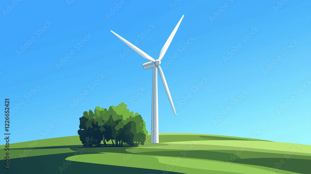 Obraz premium Wind turbine on a green hill under a blue sky