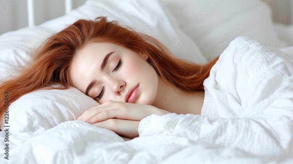Redhead woman peacefully sleeping in bed, bedroom background, for relaxation imagery Redhead woman peacefully sleeping in bed, bedroom background, for relaxation imagery