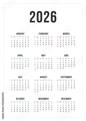 One Page Calendar 2026. Calendar template 2026 for wall and desk use. Ready to print or edit annual layout. Business minimal modern 2026 calendar.	