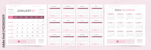 2026 Calendar Template Design. Week starts on Sunday pink office square calendar for businesswoman. Desktop planner in clean style. Corporate or business calendar. English vector calendar layout.
