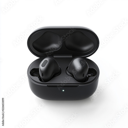 Wireless earbuds in an open charging case on a minimalist white background photo