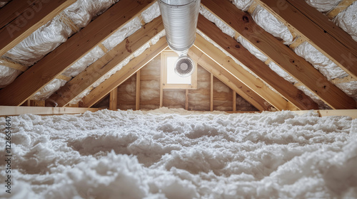 A cozy crawl space with textured foam insulation on the walls, a durable white vapor barrier on the floor, and evenly spaced wooden beams. A small ventilation fan in the corner aids moisture control. photo