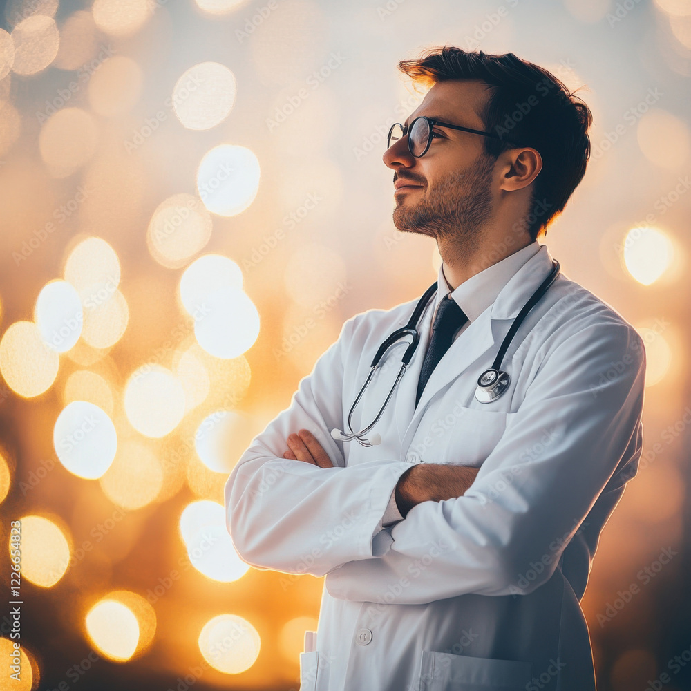 Doctor reflecting against a glowing background during a serene sunset in a city environment