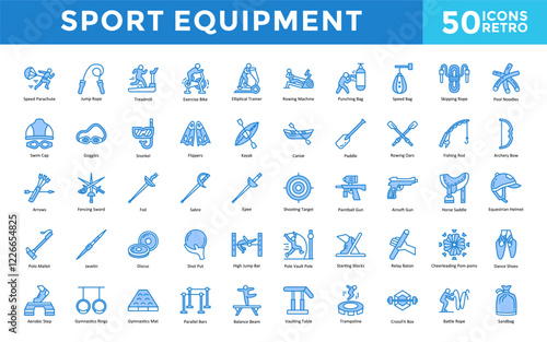 Sport equipment icon set with swim cap, goggles, snorkel, flippers, kayak, canoe, paddle, rowing oars, fishing rod, archery bow icon. Simple retro vector 
