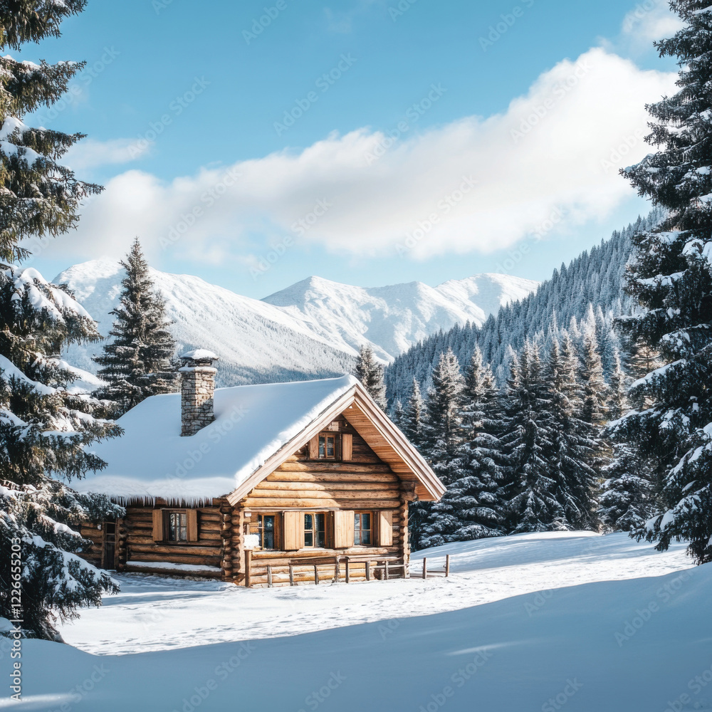 Snow-covered log cabin nestled in a serene winter landscape with mountains and trees during bright daylight Snow-covered log cabin nestled in a serene winter landscape with mountains and trees during bright daylight