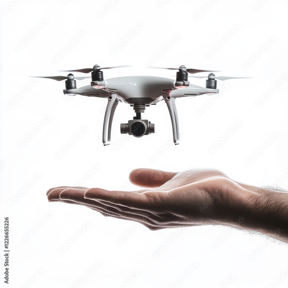 Hand reaching out to catch a hovering drone in a bright and minimalist setting Hand reaching out to catch a hovering drone in a bright and minimalist setting
