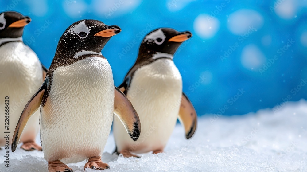 Fototapeta premium Three Adorable Penguins Walking in the Snow