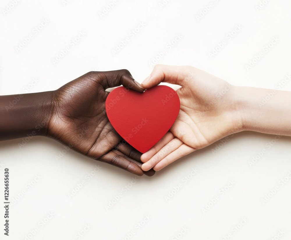 Fototapeta premium Unity and love represented through diverse hands holding a red heart symbol