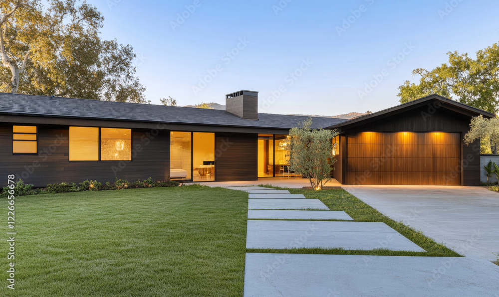 Modern single-story home with sleek design and well-manicured lawn at sunset