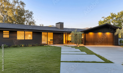 Fototapeta Naklejka Na Ścianę i Meble -  Modern single-story home with sleek design and well-manicured lawn at sunset
