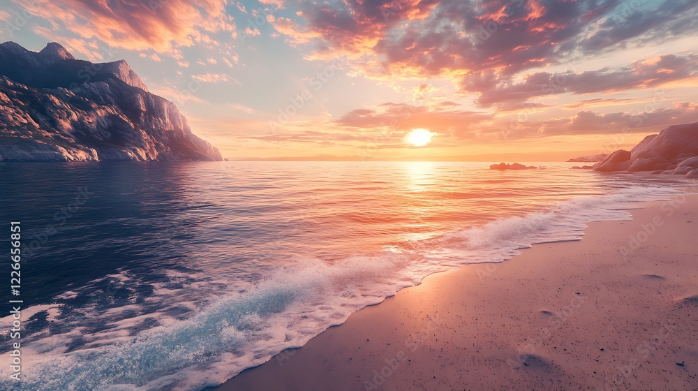 Breathtaking twilight beach with waves glimmering under a fiery sky Breathtaking twilight beach with waves glimmering under a fiery sky