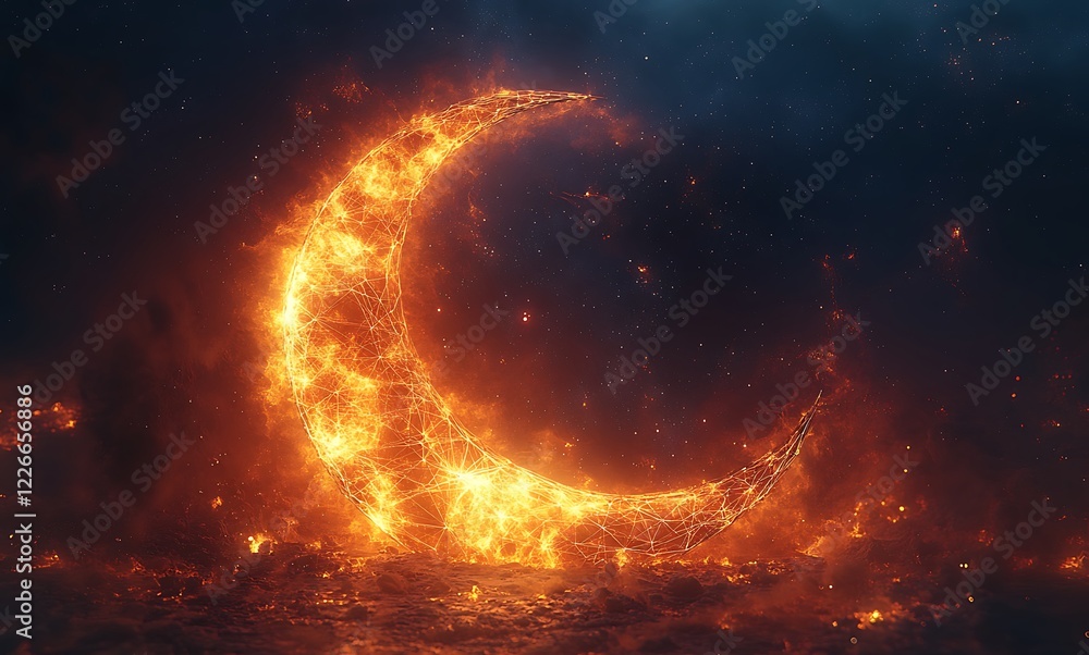 Fototapeta premium Fiery Crescent Shape Within Dark Smoky Background Resembling Celestial Event