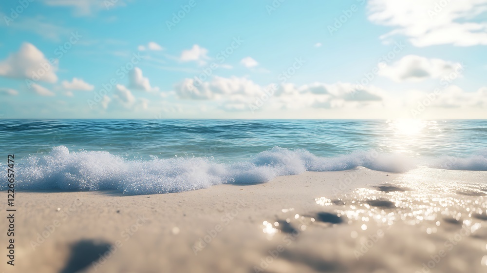 Captivating tropical beach turquoise waters forested hillside under shimmering white clouds