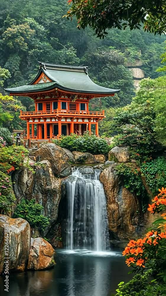 A serene landscape featuring a traditional pavilion beside a waterfall and lush greenery. A serene landscape featuring a traditional pavilion beside a waterfall and lush greenery.