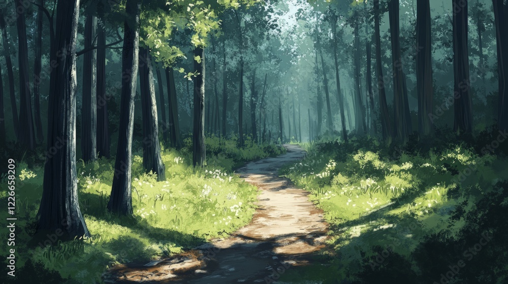 Obraz premium Tranquil Forest Pathway Through Lush Green Trees and Sunlight