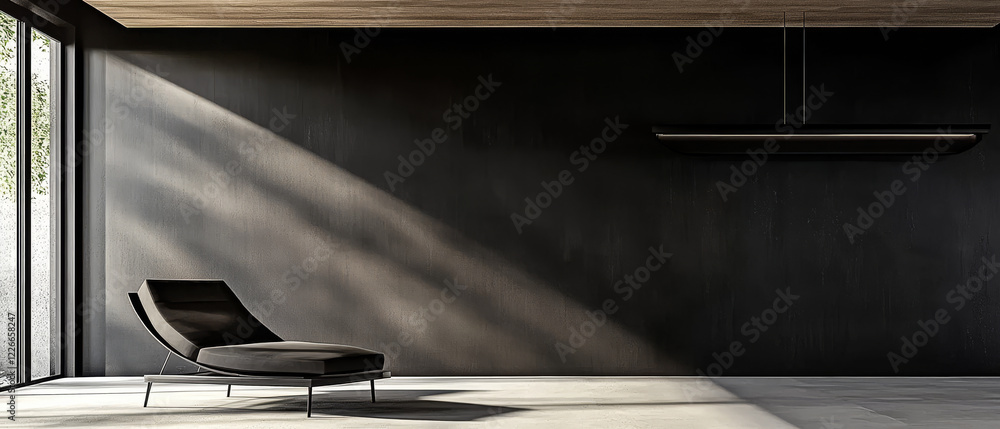 Modern minimalist lounge area with a sleek chair and large windows allowing natural light Modern minimalist lounge area with a sleek chair and large windows allowing natural light