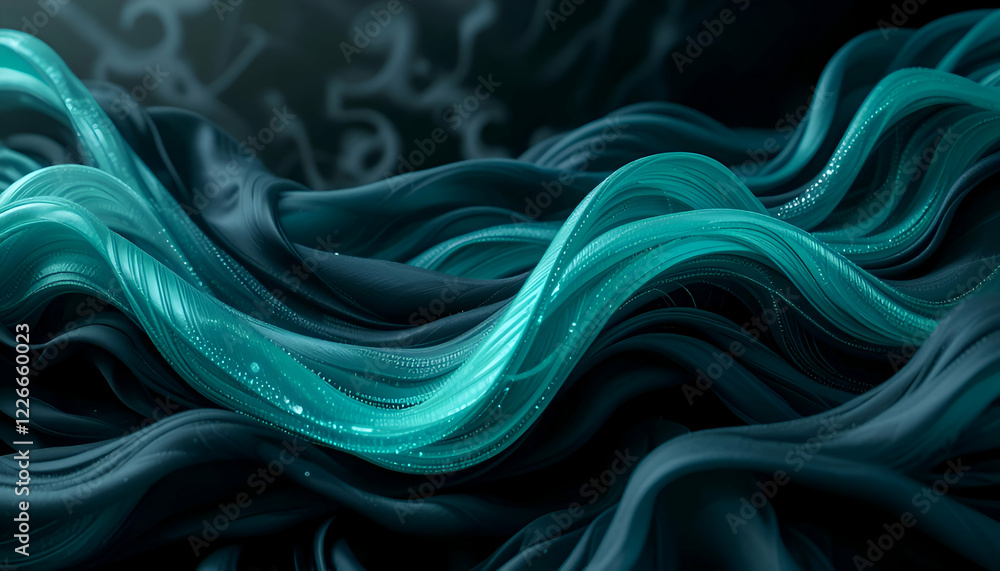 Obraz premium A dynamic and abstract image showcasing fluid waves in motion, rendered in shades of teal and dark blue.