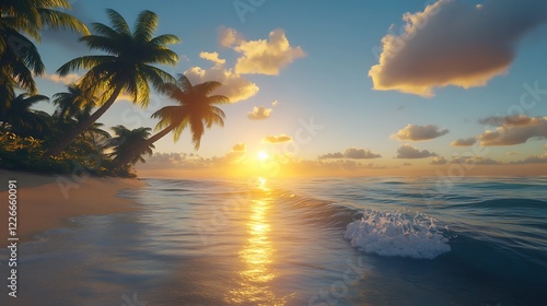 Majestic sunset beach with waves reflecting dazzling pink and orange hues