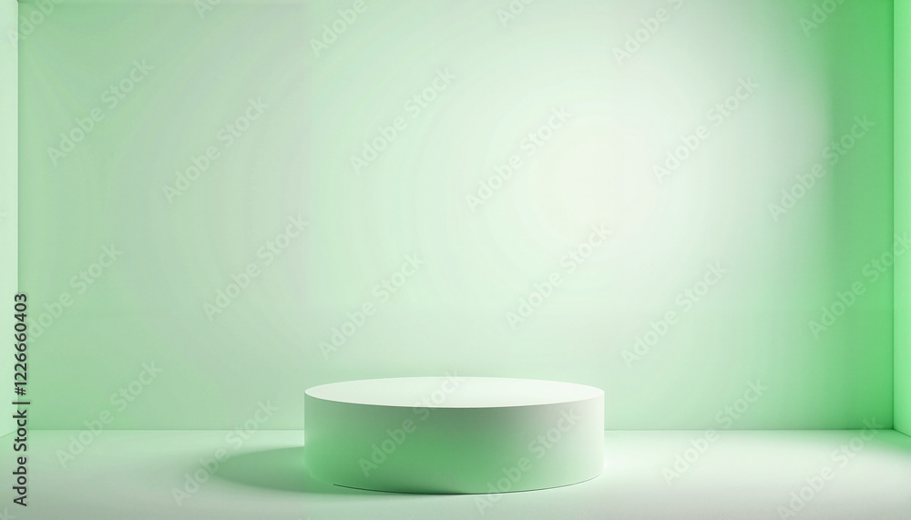 Green minimalistic studio showcasing round platform Green minimalistic studio showcasing round platform
