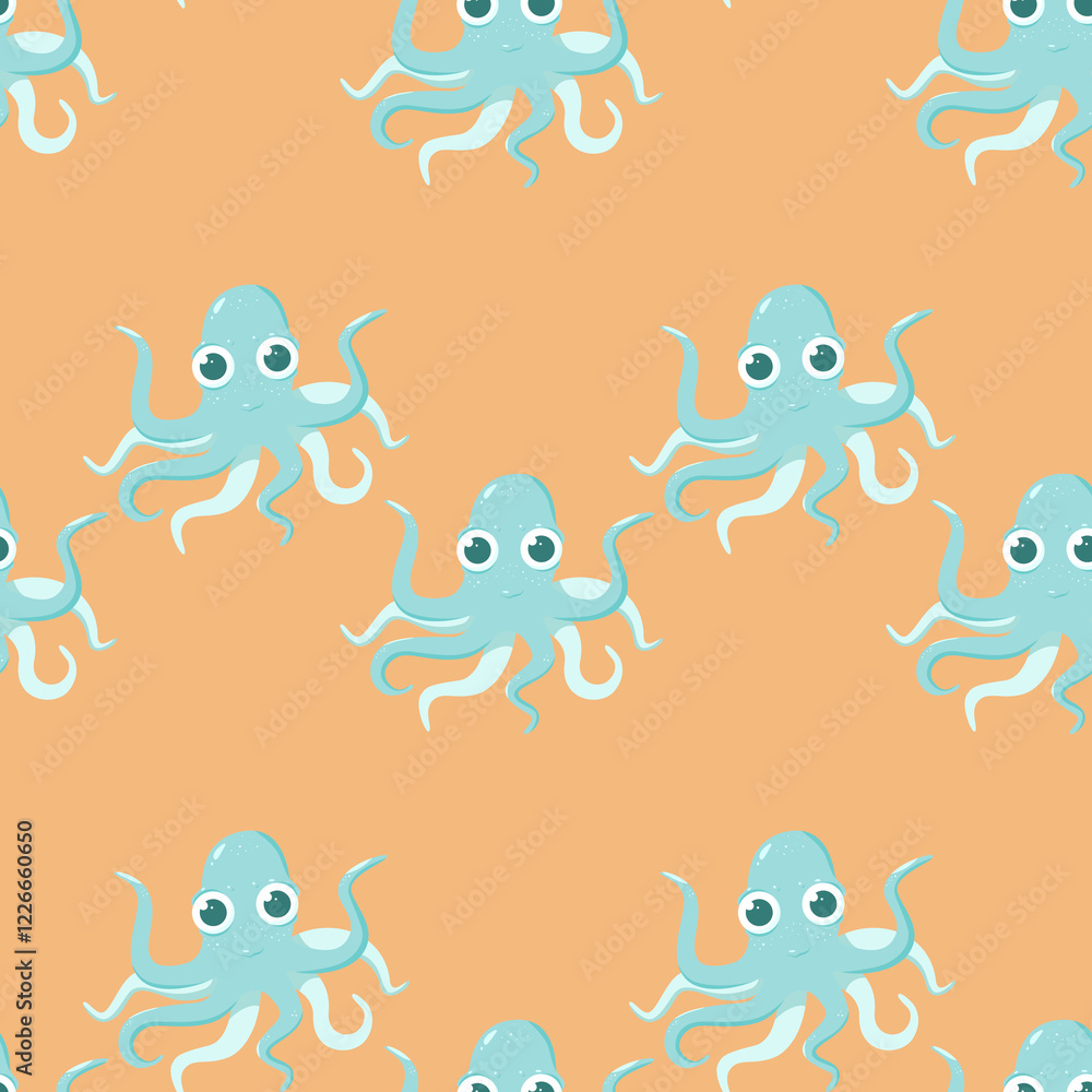 Fototapeta premium Vector seamless pattern with blue octopuses. Colorful cute pattern for children about swimming and sea creatures. Suitable for children's design, wallpaper, fabric. Children's print