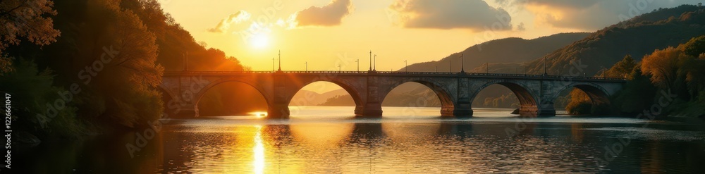 Fototapeta premium Golden sunlight illuminates Kylesku Bridge, shimmering water , ocean, blue