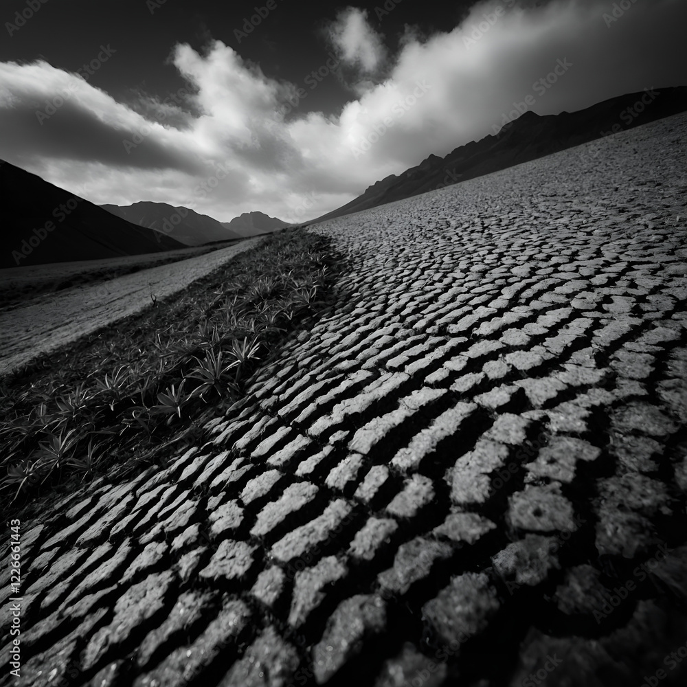 Fototapeta premium Dramatic cracked earth landscape in black and white, showcasing nature's resilience 