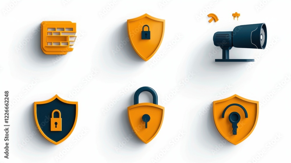 Enhancing security icons of six key features including lock shield and fingerprint in a digital workspace environment