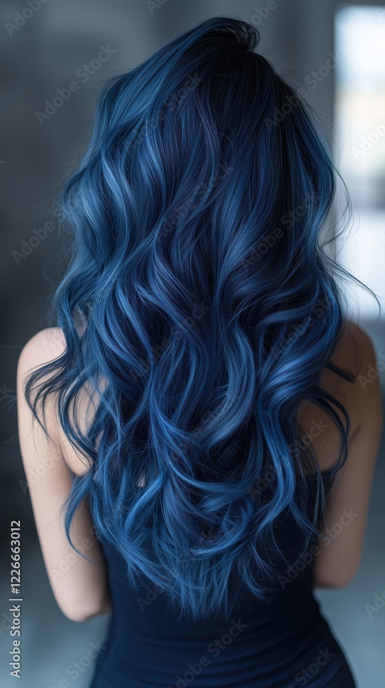 Naklejka premium Long wavy blue hair cascading down the back