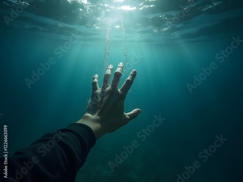 Despair drowning hand underwater danger help accident on urgency sos dangerous water background of emergency problem rescue ocean swimming warning risk or saving life reaching hopeless alone concept.