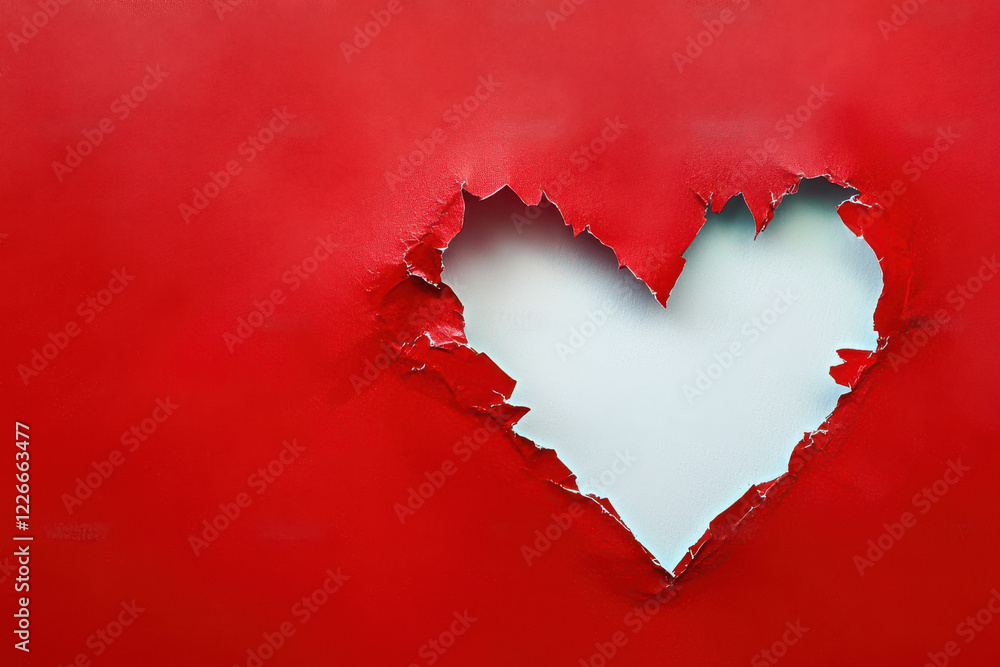 A heart shaped hole torn in red paper A heart shaped hole torn in red paper