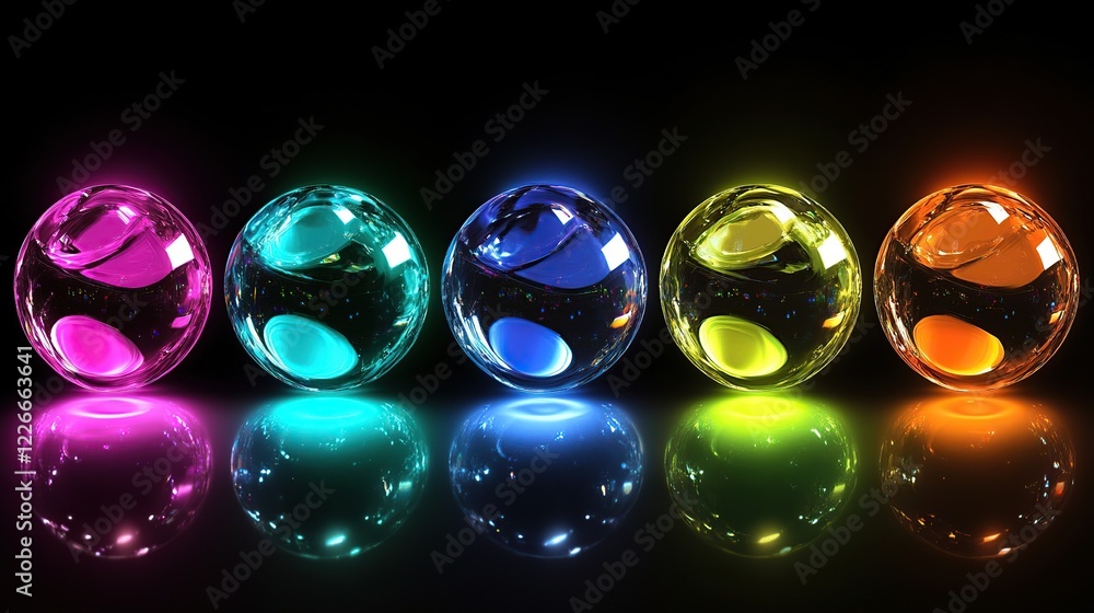 Rainbow spheres glow on dark reflective surface Rainbow spheres glow on dark reflective surface