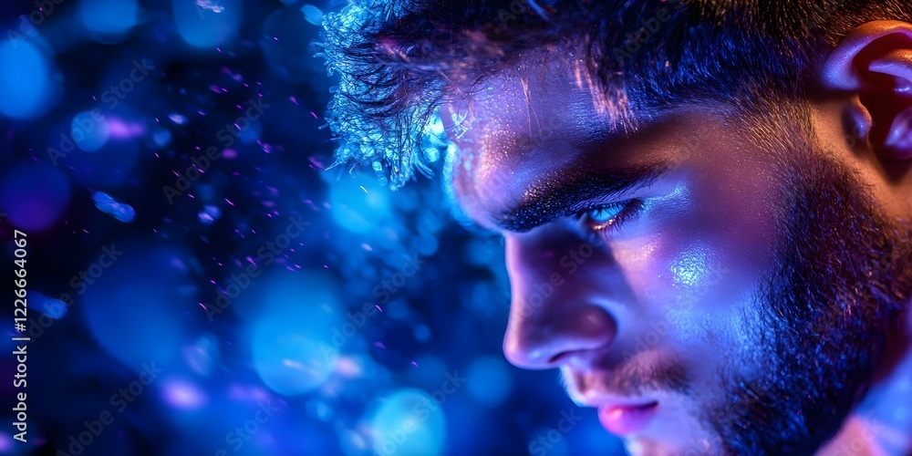 A close-up profile of a young man with a beard, illuminated by colorful lights and a misty effect. Concept Close-Up Portrait, Young Man with Beard, Colorful Lighting, Misty Background A close-up profile of a young man with a beard, illuminated by colorful lights and a misty effect. Concept Close-Up Portrait, Young Man with Beard, Colorful Lighting, Misty Background