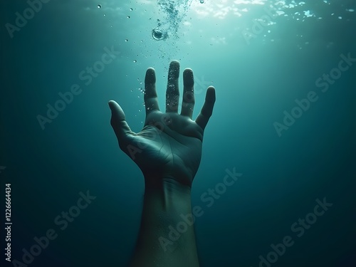 Despair drowning hand underwater danger help accident on urgency sos dangerous water background of emergency problem rescue ocean swimming warning risk or saving life reaching hopeless alone concept.