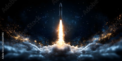 A rocket launching into space, surrounded by clouds and illuminated by fiery exhaust, set against a starry backdrop. Concept Rocket Launch, Cloudy Atmosphere, Fiery Exhaust, Starry Background