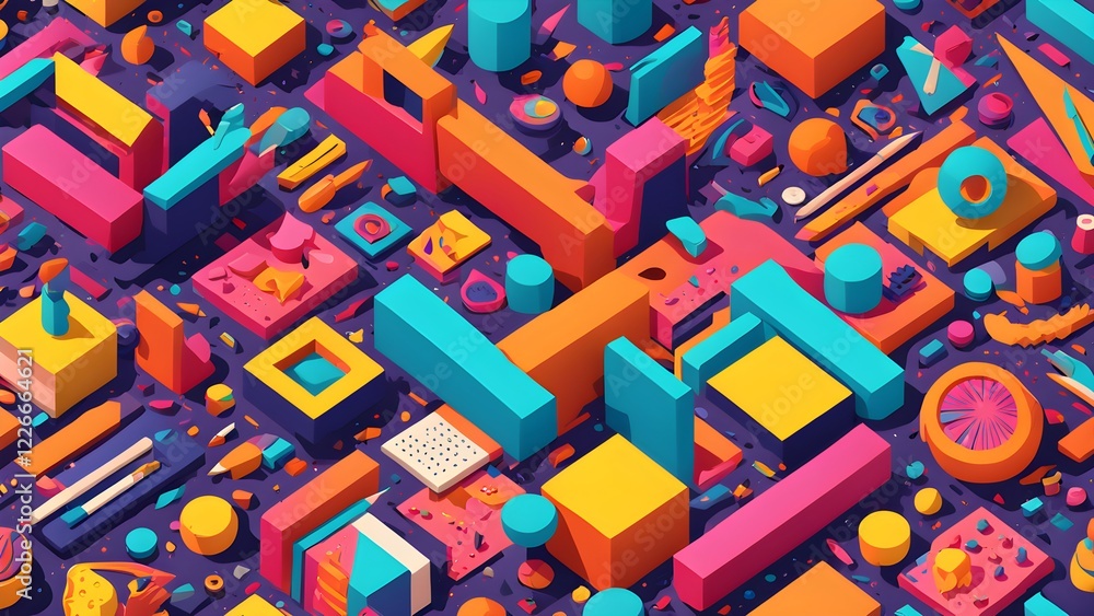 Abstract isometric illustration of vibrant, colorful geometric shapes and forms on a dark background. Abstract isometric illustration of vibrant, colorful geometric shapes and forms on a dark background.