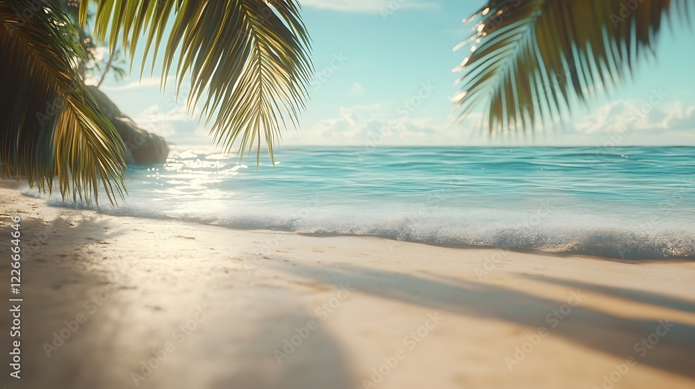 Fototapeta premium Vibrant tropical beach palm trees endless ocean under warm blue sky
