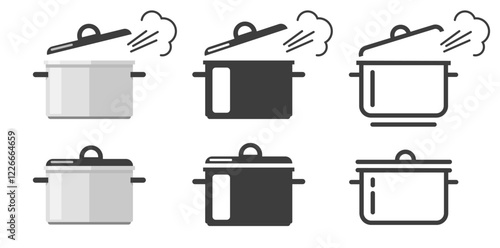 Cooking pot steam icon, hot boiling saucepan set line stroke outline simple minimal pictogram graphic illustration set, restaurant cookware pan silhouette modern linear solid flat cartoon image
